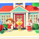 A polaroid shot displays Animal Crossing characters standing in a line in front of a newly designed vacation house in an archipelago.
